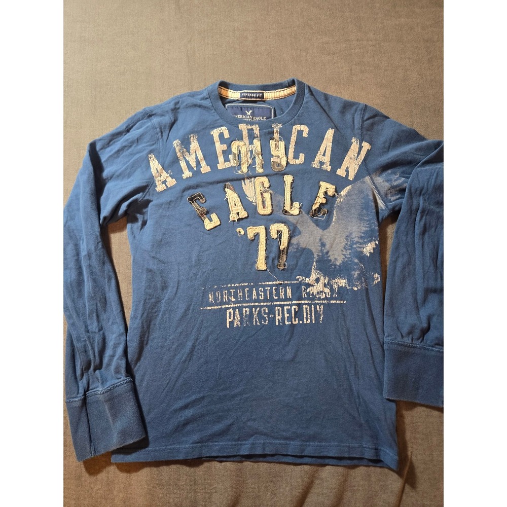 Vtg Y2K American Eagle-Shirt Y2K Spellout Graphic Logo 72  Faded Blue Distressed